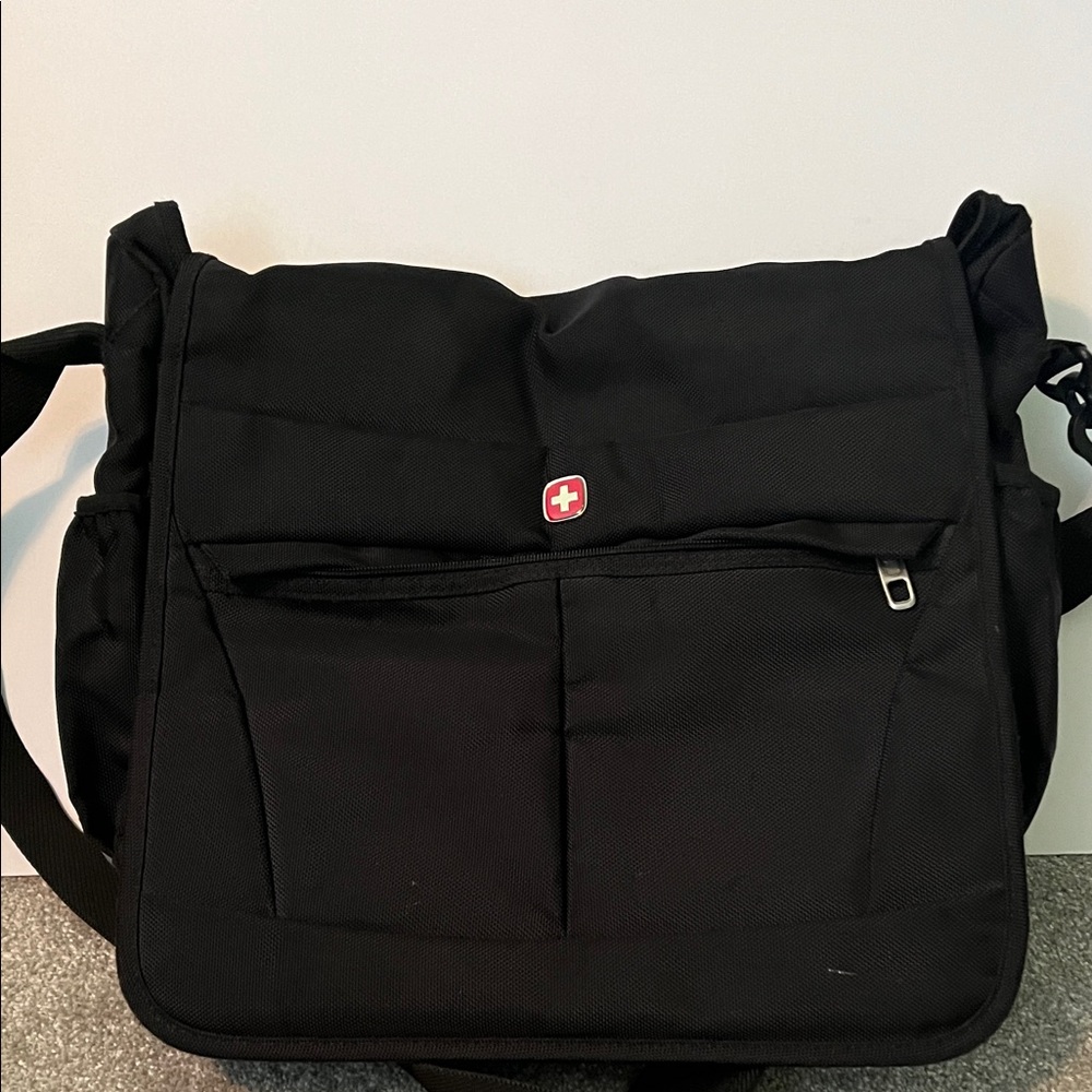 SwissGear Black Messenger Bag with Red Swiss Cross Accent